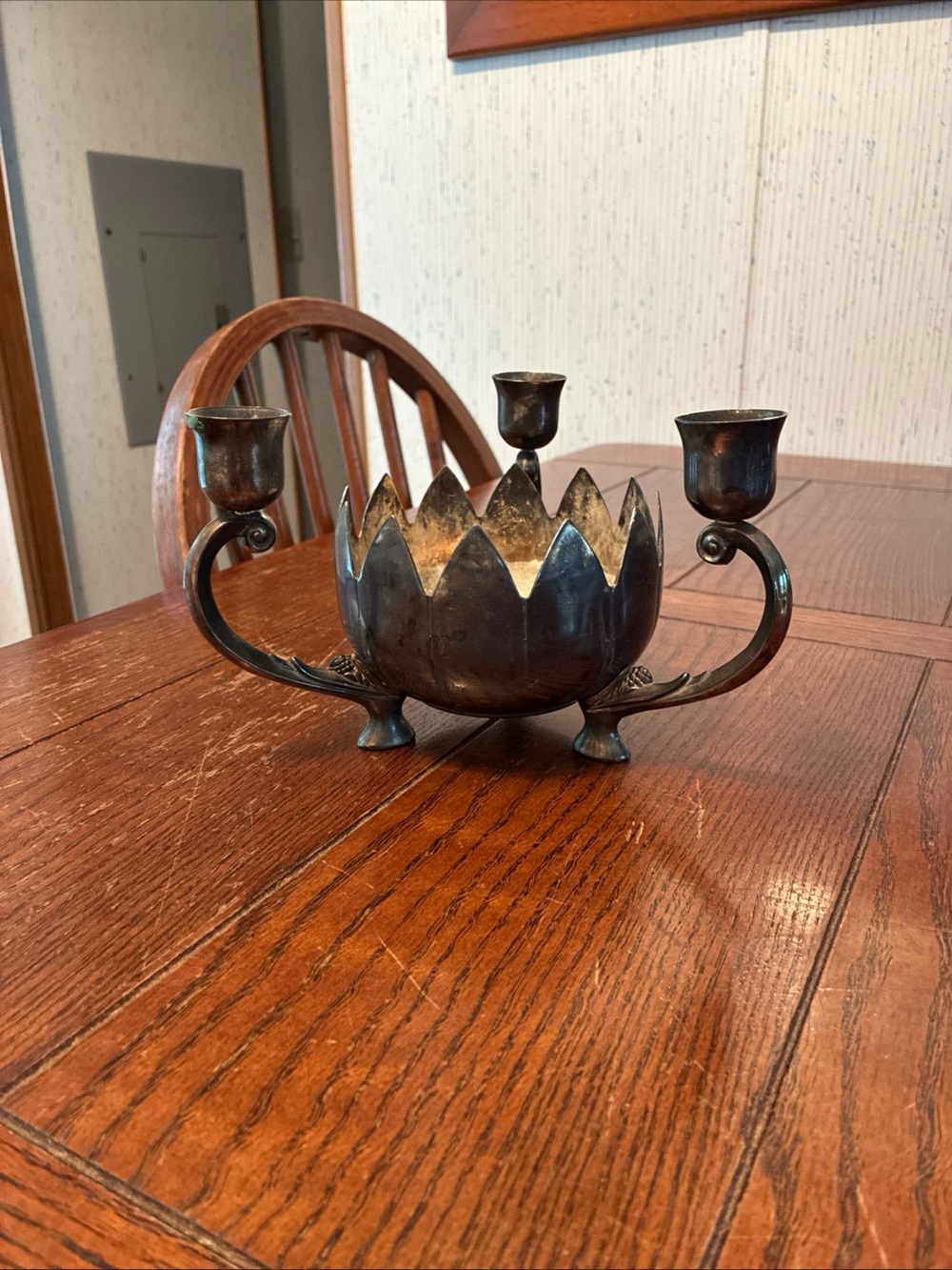 Vintage Lotus Centerpiece 3 Candle Holder Silverplated Floral Home Decor
